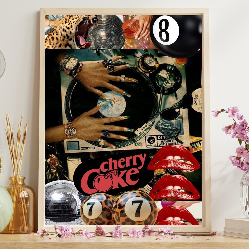DJ & Disco Themed, Leopard Print, Vibrant 11x17 Black Framed Art -Cherry Coke